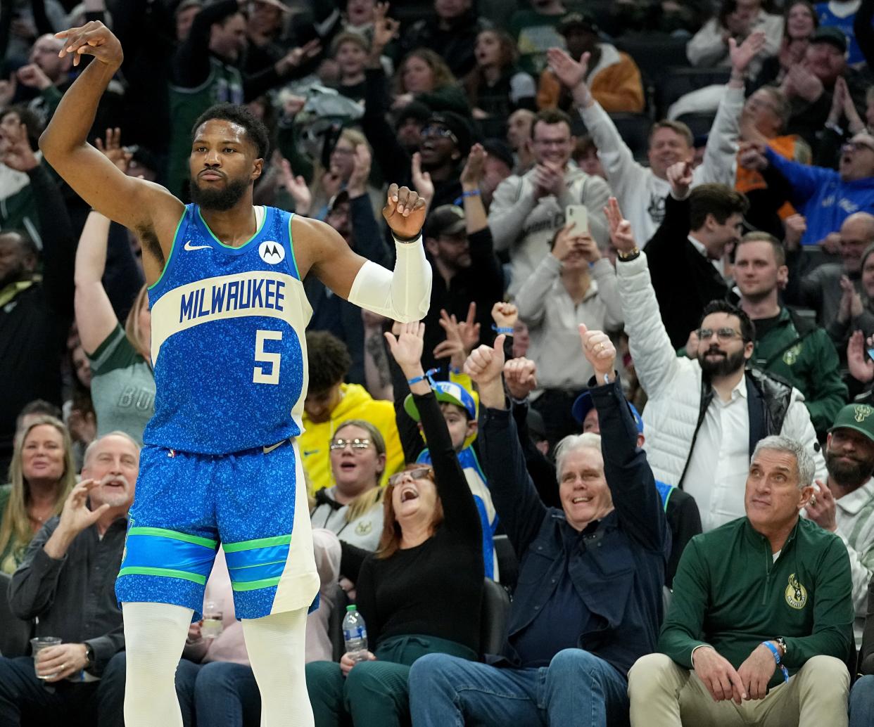 Milwaukee Bucks guard Malik Beasley reacts after hitting a three-pointer against the New York Knicks last Tuesday during a quarterfinal game of the NBA's In-Season Tournament. The Bucks are back at Fiserv Forum for a game against the Chicago Bulls on Monday.