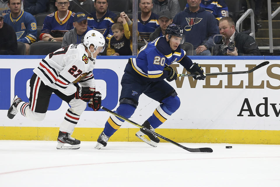 Chicago Blackhawks' Adam Boqvist (27), of Sweden, and St. Louis Blues' Alexander Steen (20) vie for control of the puck during the second period of an NHL hockey game Tuesday Feb. 25, 2020, in St. Louis. (AP Photo/Scott Kane)