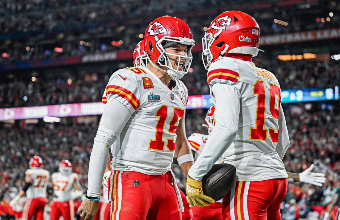 Kansas City Chiefs quarterback Patrick Mahomes celebrates with wide receiver Kadarius Toney after Toney hauled in a pass for a touchdown in the fourth quarter during Super Bowl LVII Sunday, Feb. 12, 2023, in Glendale, Ariz.