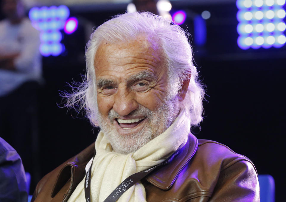 FILE - In this May 20, 2016 file photo, French actor Jean Paul Belmondo smiles during the cruiserweight title bout between Cuban Boxer Yunier Dorticos and French boxer Youri Kalenga in Paris. French New Wave actor Jean-Paul Belmondo has died, according to his lawyer’s office on Monday Sept. 6, 2021. (AP Photo/Michel Euler, File)