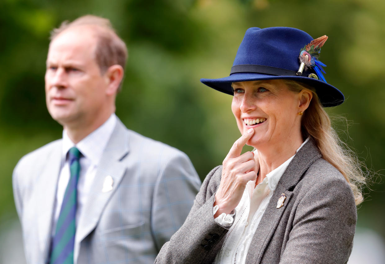 WINDSOR, UNITED KINGDOM - JULY 03: (EMBARGOED FOR PUBLICATION IN UK NEWSPAPERS UNTIL 24 HOURS AFTER CREATE DATE AND TIME) Prince Edward, Earl of Wessex and Sophie, Countess of Wessex watch the carriage driving marathon event as they attend day 3 of the Royal Windsor Horse Show in Home Park, Windsor Castle on July 3, 2021 in Windsor, England. (Photo by Max Mumby/Indigo/Getty Images)