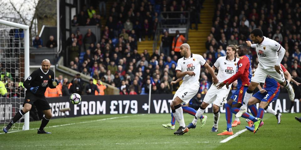 <p>Watford’s Troy Deeney scores an own goal and the first for Crystal Palace </p>