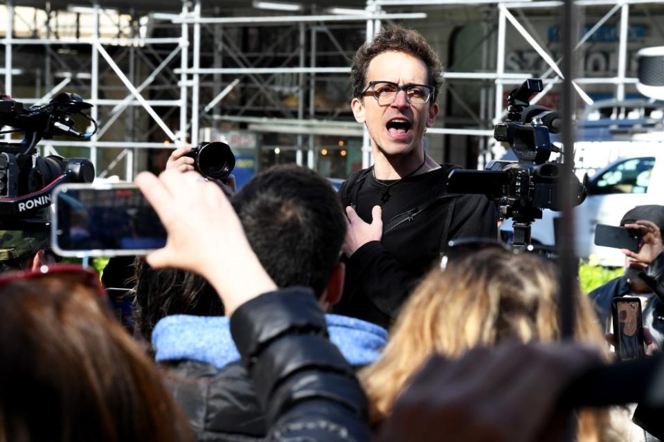 Professor Shai Davdai (center), an outspoken critic of anti-Israel protesters, is joined by fellow supporters outside Columbia University. Matthew McDermott