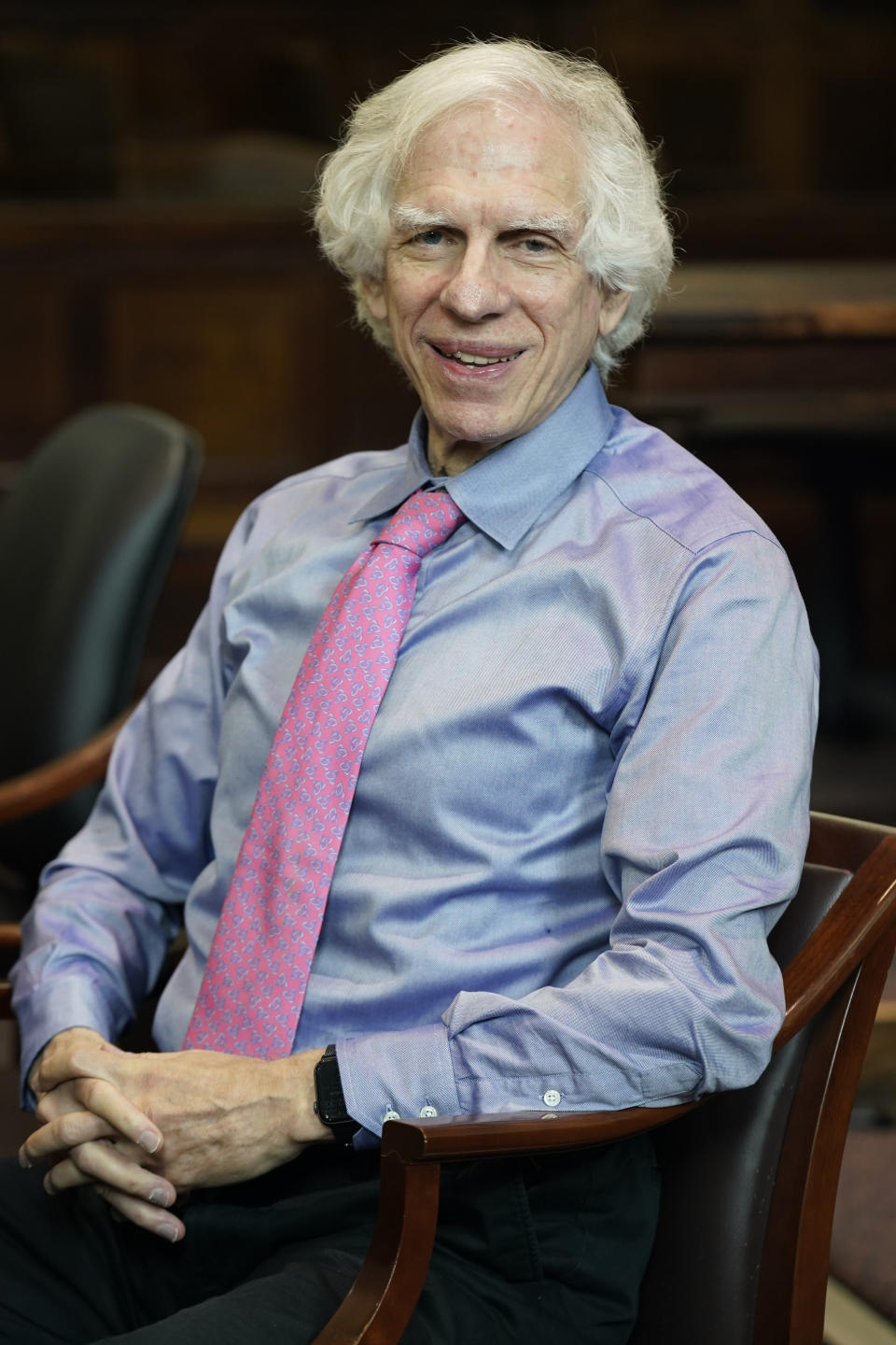 Judge Arthur Engoron poses for a picture in his courtroom in New York, Thursday, Sept. 28, 2023. Starting Monday, Oct. 2, Engoron will preside over a non-jury trial in Manhattan to resolve remaining claims in New York Attorney General Letitia James’ lawsuit against former President Donald Trump, his company and top executives. (AP Photo/Seth Wenig)