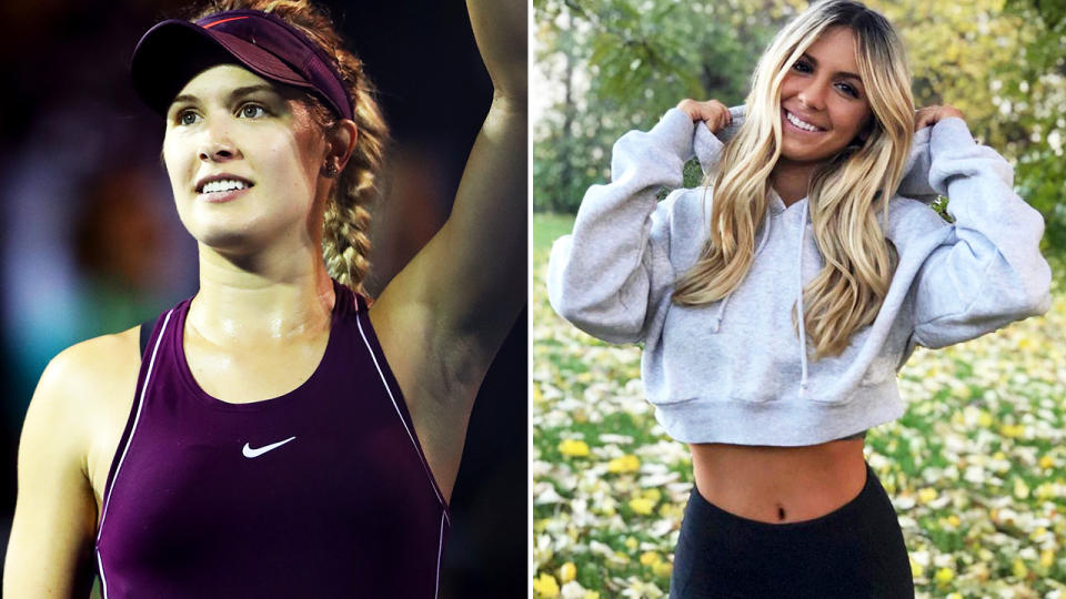 Eugenie and Beatrice Bouchard, pictured here on the tennis court and Instagram.