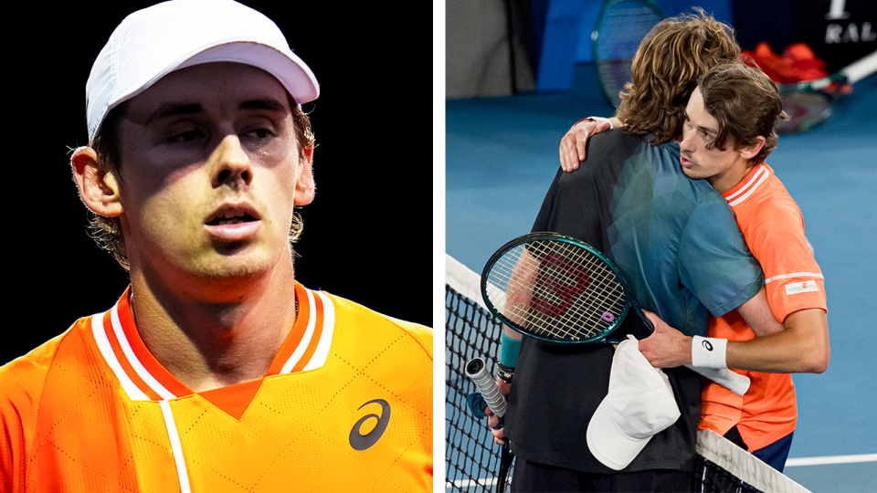 Alex de Minaur reacts and de Minaur embraces Andrey Rublev.