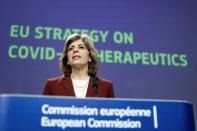 European Union Health Commissioner Stella Kyriakides speaks during a media conference on an EU strategy on COVID-19 therapeutics at EU headquarters in Brussels, Thursday, May 6, 2021. (Kenzo Tribouillard, Pool via AP)