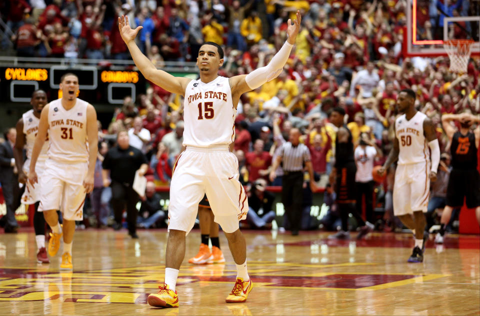 Iowa State guard Naz Long celebrates after hitting a 3-pointer at the buzzer to tie the game and send it to over time during the second half of an NCAA college basketball game against Oklahoma State in Ames, Iowa, Saturday, March 8, 2014. Iowa State won 85-81 in overtime. (AP Photo/Justin Hayworth)