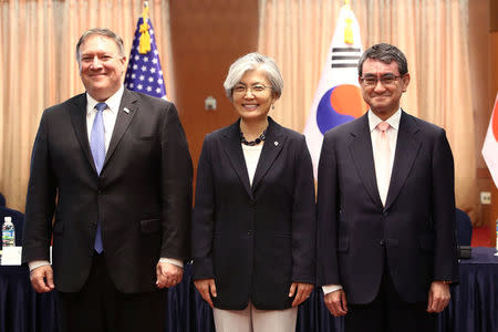 U.S. Secretary of State Mike Pompeo meets with South Korean Foreign Minister Kang Kyung-wha and Japanese Foreign Minister Taro Kono at the Foreign Ministry in Seoul, South Korea June 14, 2018. Chung Sung-Jun/Pool via REUTERS