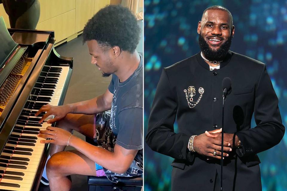 <p>LeBron James/Instagram, ABC via Getty </p> Bronny James playing the piano, LeBron James