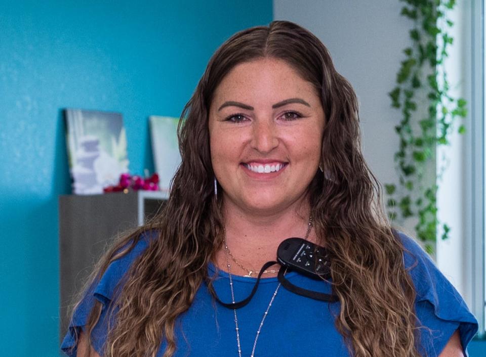 Blue Lake Elementary School fifth grade teacher Olivia Pasler wears one of the wireless microphones.