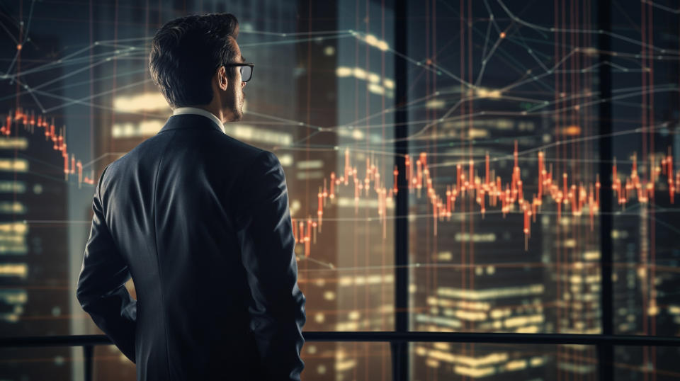 A portfolio manager wearing a suit and tie, looking at a graph representing the growth of the business development company.