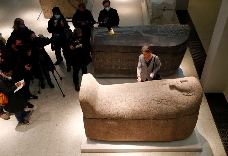 Friederike Seyfried, Director of the Egyptian Museum and Papyrus Collection shows damages, in Berlin