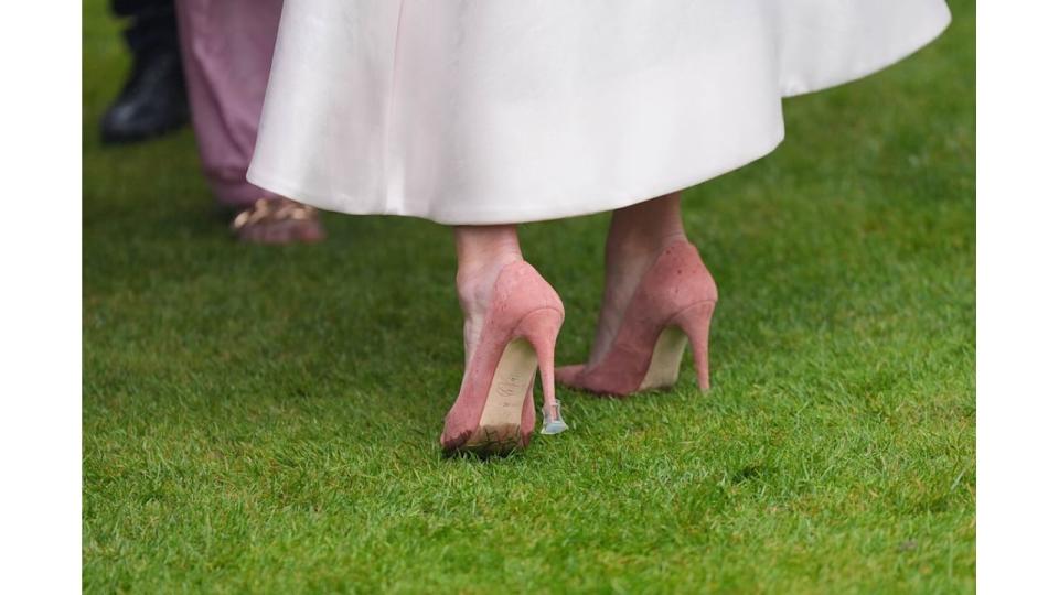  A close-up of Zara Tindall's footwear with heel stoppers at the Sovereign's Garden Party at Buckingham Palace on May 21, 2024 in London, England.