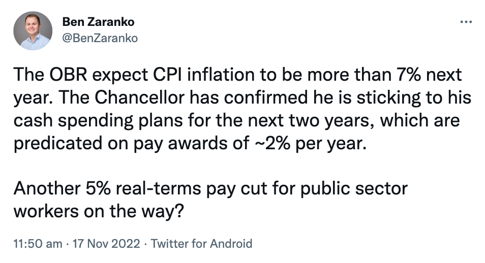 Economist Ben Zaranko said Hunt's plans equate to a real-terms pay cut for public sector workers. (Twitter/Ben Zaranko)