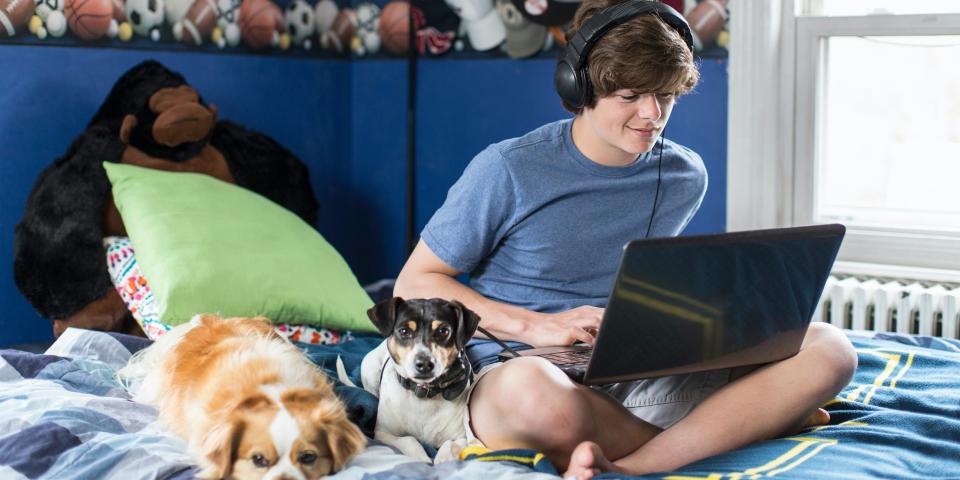 teen boy listening to music laptop headphones dogs at home