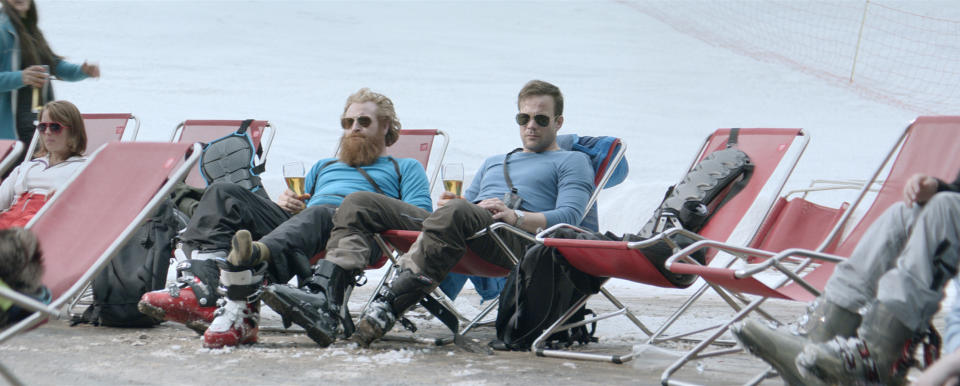 FORCE MAJEURE, (aka TURIST), Kristofer Hivju (beard), Johannes Kuhnke (right), 2014. ©Magnolia Pictures/Courtesy Everett Collection