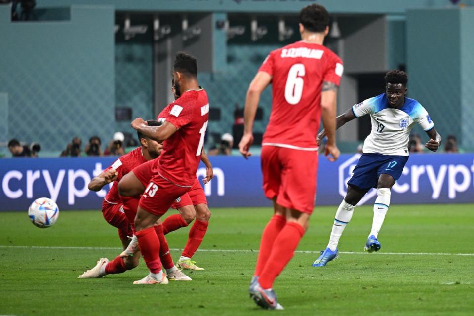 Bukayo Saka of England scores their team’s fourth goa (Getty Images)