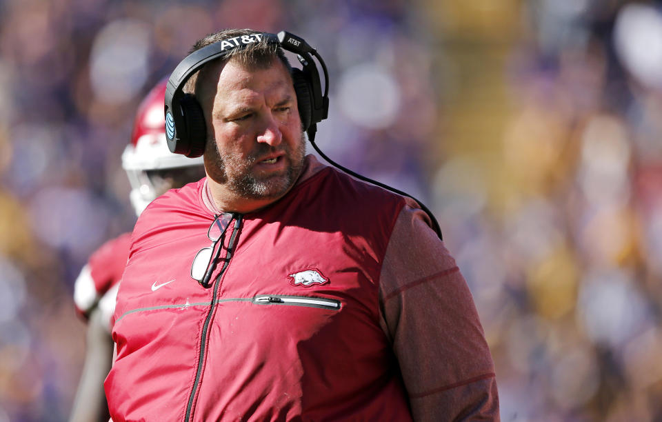 Arkansas head coach Bret Bielema walks on the sideline in the second half of an NCAA college football game against LSU in Baton Rouge, La., Saturday, Nov. 11, 2017. LSU won 33-10. (AP Photo/Gerald Herbert)