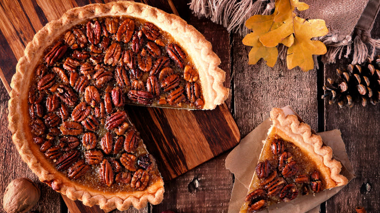 Pecan pie on wood