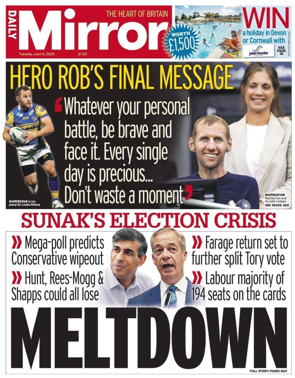 "Meltdown" reads the front of Mirror, looking at Farage's return
