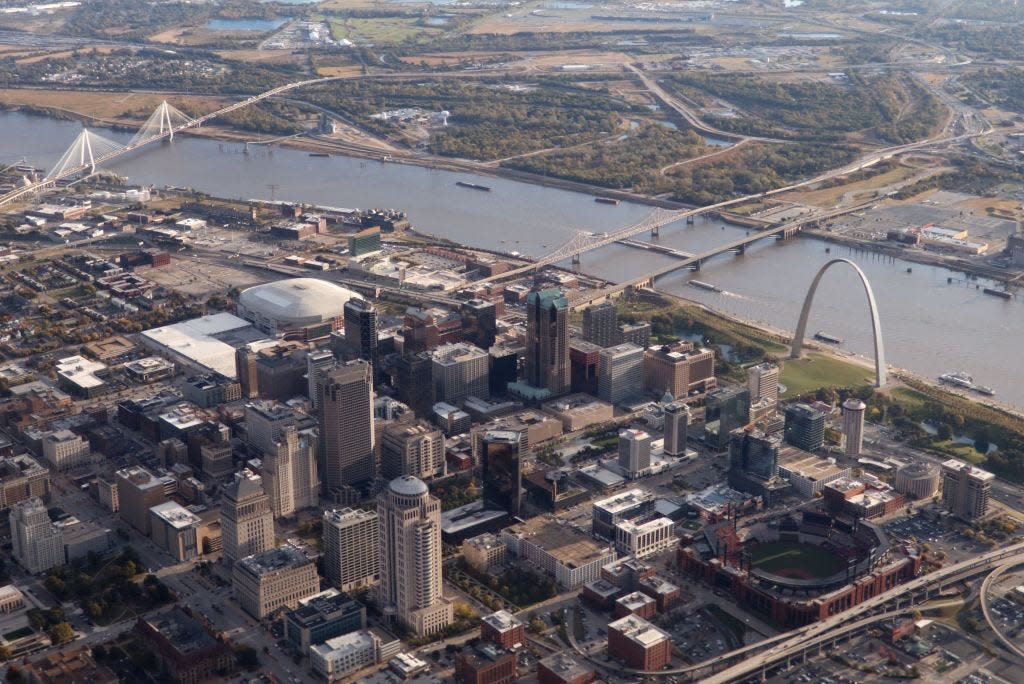 Gateway Arch stands out in this aerial view of St. Louis from October 23, 2019.