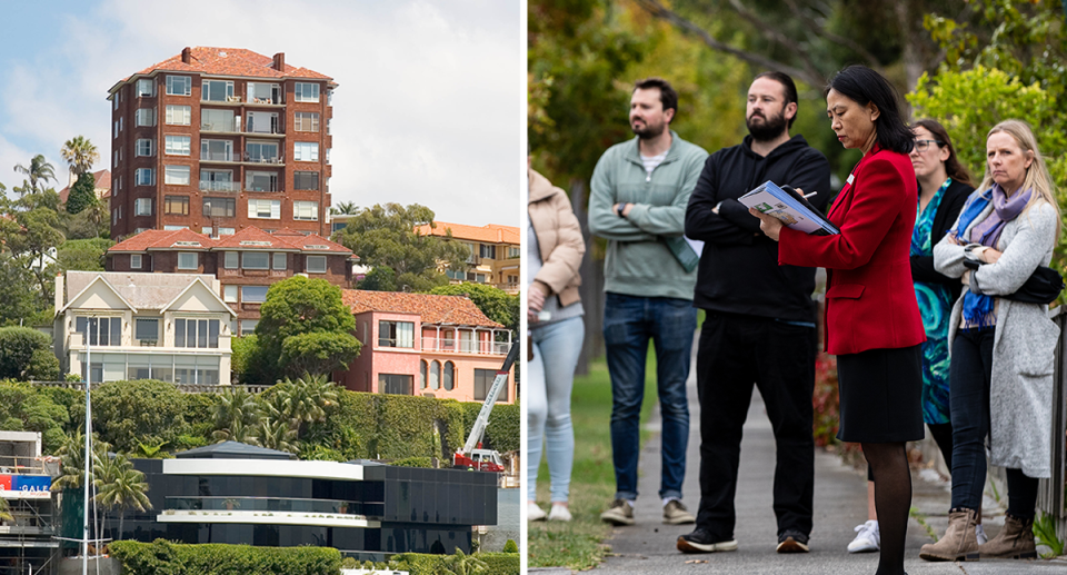 A composite image of Australian property and a crowd attending an auction.