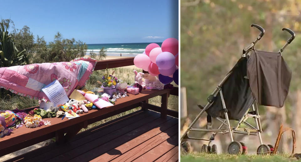 It’s alleged the baby girl was thrown into the Jack Evans Boat Harbour at Tweed Heads in NSW and her empty pram left alongside the waterway. Images: 7 News