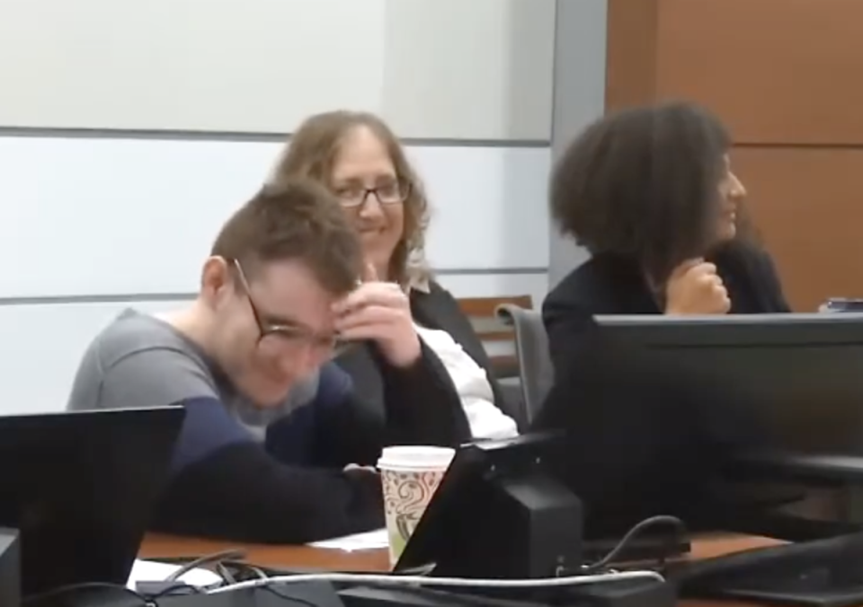 Tamara Curtis laughs with convicted Parkland killer Nikolas Cruz at a pre-trial hearing (Law&Crime)