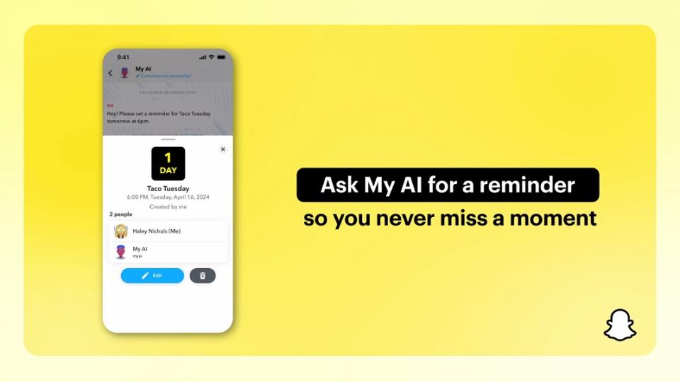 Snapchat adds AI reminders that users use in direct AI chats or in chats with friends.