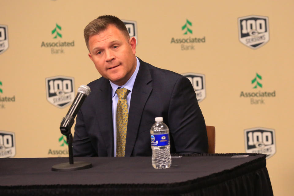 Packers GM Brian Gutekunst was asked plenty about his quarterback returning — and his future in Green Bay. (Photo by Larry Radloff/Icon Sportswire via Getty Images)