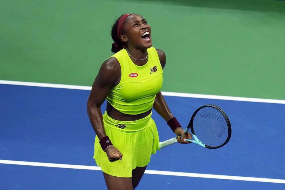 Sep 7, 2023; Flushing, NY, USA; Coco Gauff of the United States defeats Karolina Muchova of Czech Republic in a women’s singles semifinal on day eleven of the 2023 U.S. Open tennis tournament at USTA Billie Jean King National Tennis Center. Mandatory Credit: Danielle Parhizkaran-USA TODAY Sports