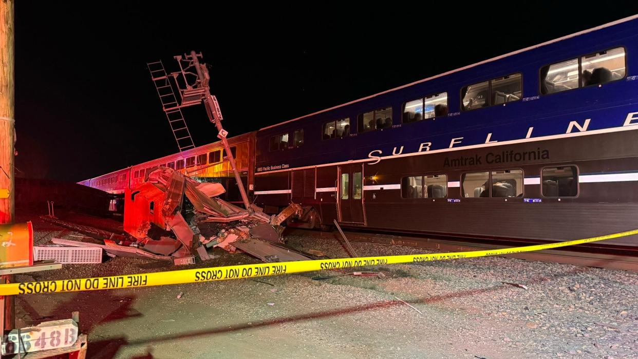 A train versus big rig accident damaged equipment along Highway 118 near Sand Canyon Road in the Somis area Tuesday night.