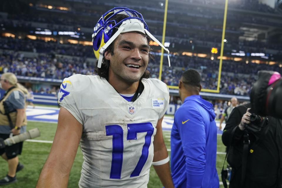 Los Angeles Rams wide receiver Puka Nacua celebrates after the Rams defeated the Indianapolis Colts 29-23 in an NFL football game, Sunday, Oct. 1, 2023, in Indianapolis. | Michael Conroy, Associated Press