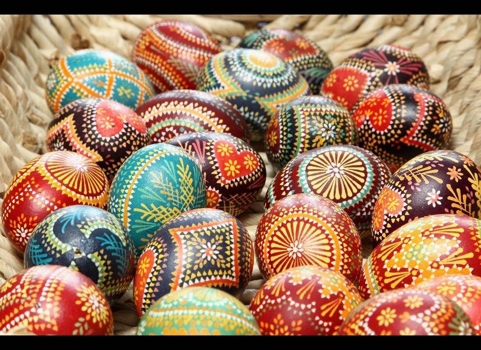 LEHDE, GERMANY - APRIL 03:  Painted easter eggs in traditional Sorbian motives are pictured on the season opening of the open-air museum Lehde on April 3, 2010 in Lehde, near  Lubbenau, Germany. Easter egg painting is a strong part of Sorbian tradition and visual elements within the painting are meant to ward off evil. Sorbians are a Slavic minority in eastern Germany and many still speak Sorbian, a language closely related to Polish and Czech.  (Photo by Andreas Rentz/Getty Images)