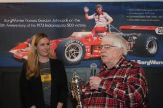 <em>Gordon Johncock with Michelle Collins of BorgWarner (Bruce Martin).</em>