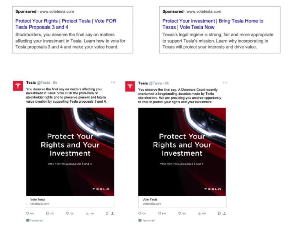 A screenshot of some of the paid ads Tesla ran in support of Musk's pay package proposal.