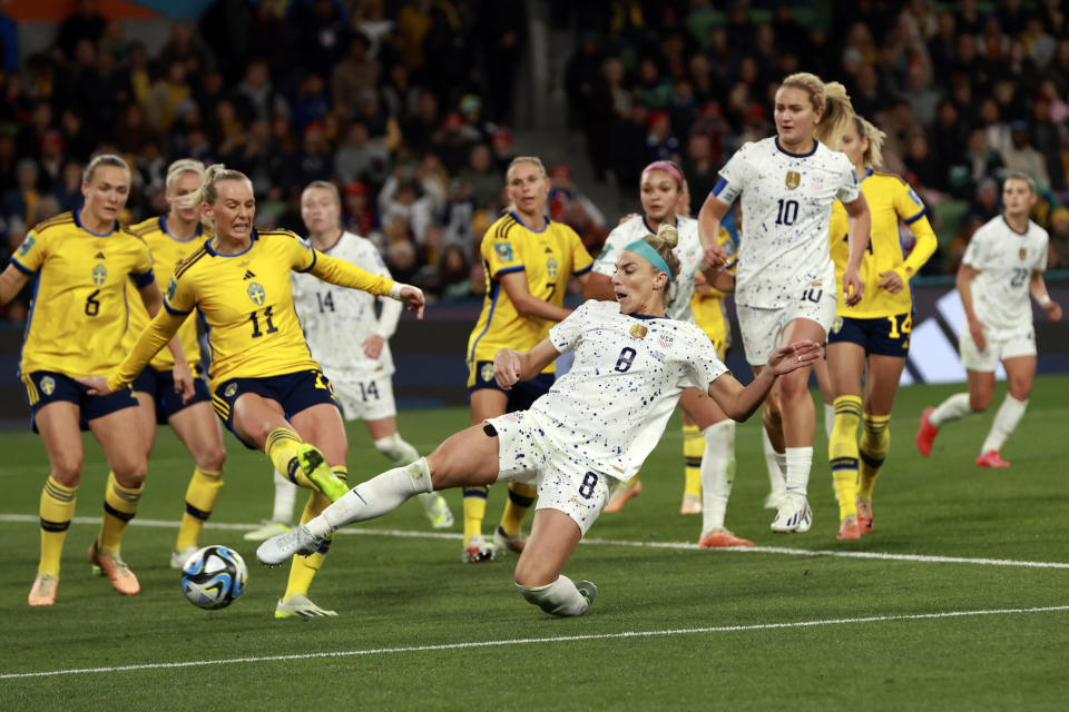 United States' Julie Ertz controls the ball during the Women's World Cup round of 16 soccer match between Sweden and the United States in Melbourne, Australia, Sunday, Aug. 6, 2023. (AP Photo/Hamish Blair)