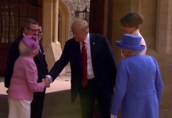 Footage of the pair meeting showed Trump lose out in a battle of the handshakes when the Countess pulled the President towards him (Sky News)