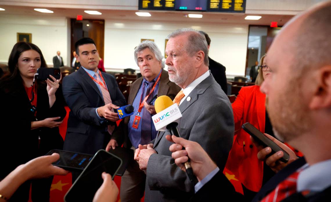 President Pro Tempore Sen. Phil Berger answers questions during a media gaggle on the first day of the the General Assembly’s short session in Raleigh, N.C., Wednesday, April 24, 2024.