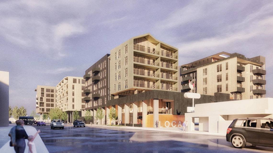 This rendering shows the view of the southeast corner of the proposed Local Boise Fairview apartments from Fairview Avenue. Capri Restaurant and Rudy the Rooster, lower right, would remain in place.