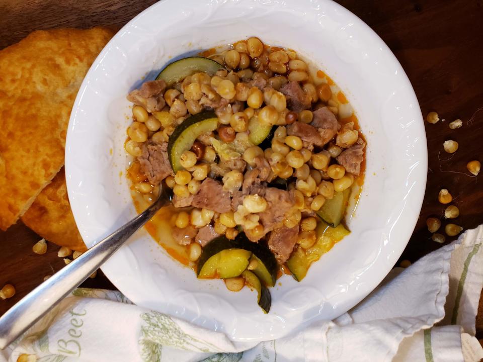 Navajo steamed corn stew with mutton and zucchini made by Denee Bex, a Diné gardener living in Fort Defiance, Arizona.