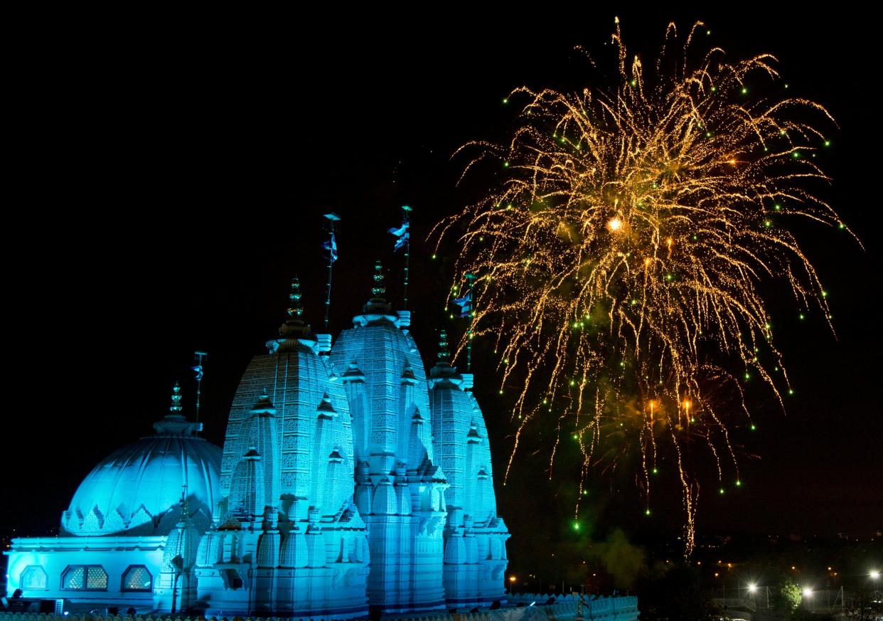 <p>A fireworks display held near the Neasden Temple in Gibbons Park, Neasden, northwest London, to mark Diwali</p> (PA)