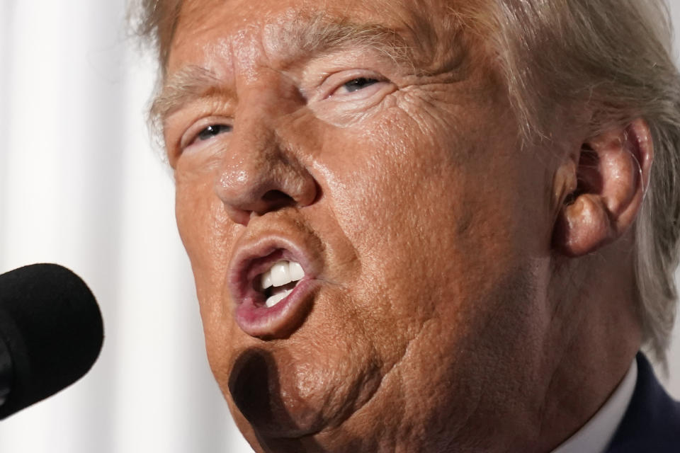 Former President Donald Trump speaks at Trump National Golf Club in Bedminster, N.J., Tuesday, June 13, 2023, after pleading not guilty in a Miami courtroom earlier in the day to dozens of felony counts that he hoarded classified documents and refused government demands to give them back. (AP Photo/Andrew Harnik)