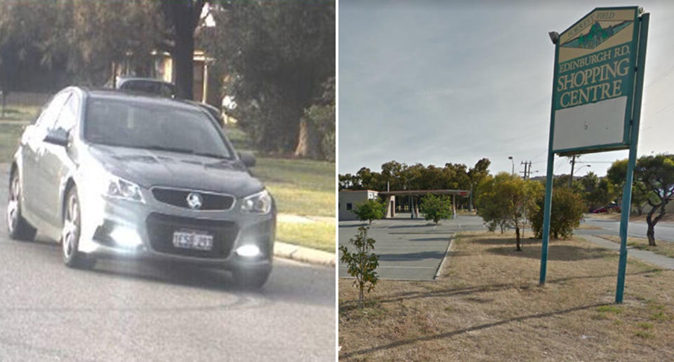 A Perth boy was in the back of a Holden Commodore (left) stolen from Forrestfield on Saturday about 11.55am before being located at a nearby shopping centre (right) about 10 minutes later. Source: WA Police/ Google Maps