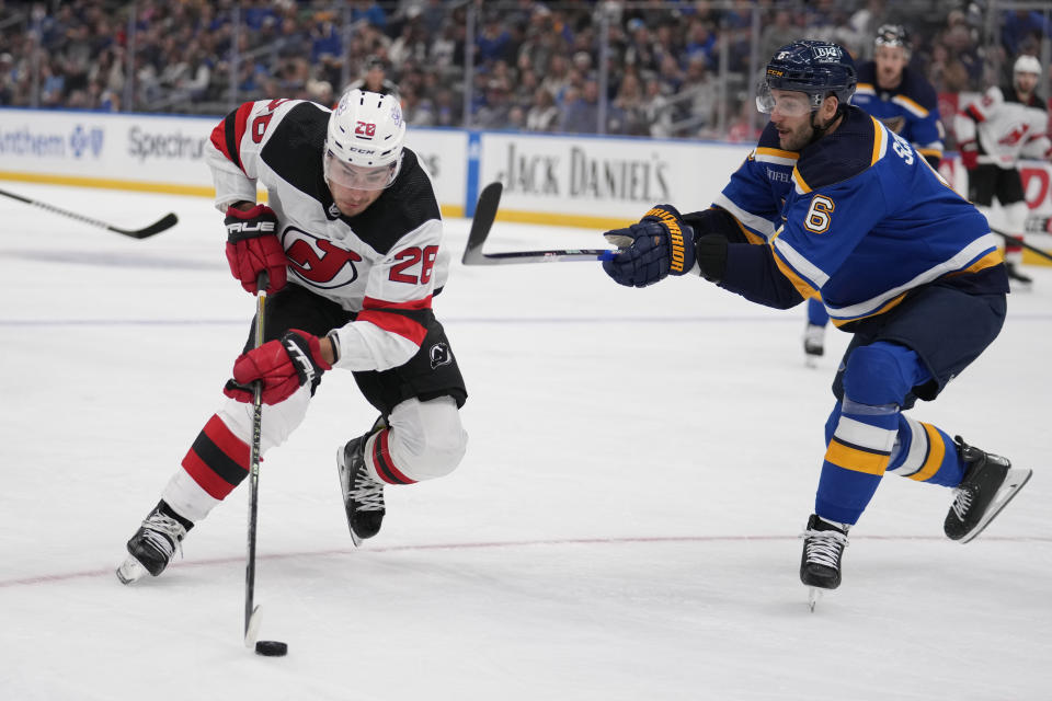 New Jersey Devils' Timo Meier (28) controls the puck as St. Louis Blues' Marco Scandella (6) defends during the third period of an NHL hockey game Friday, Nov. 3, 2023, in St. Louis. (AP Photo/Jeff Roberson)