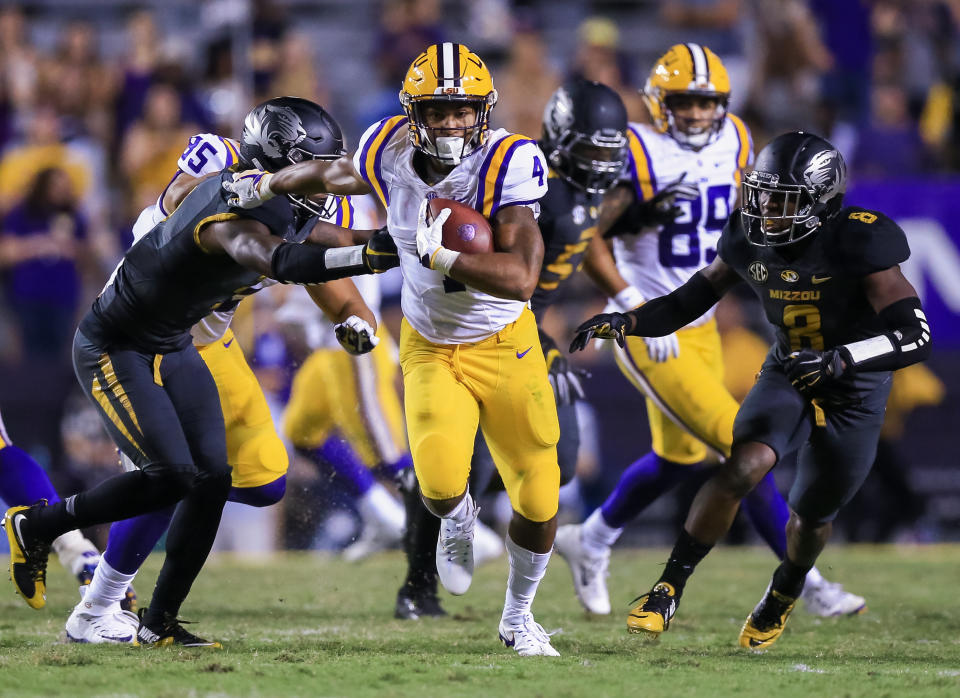 October 01, 2016:  LSU Tigers running back Nick Brossette (4)  during the game between the Missouri Tigers and the LSU Tigers at Tiger Stadium in Baton Rouge, LA. LSU Tigers defeat Missouri Tigers 42-7. (Photo by Stephen Lew/Icon Sportswire via Getty Images)