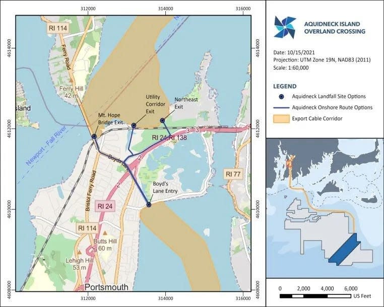 This image from SouthCoast Wind, previously named Mayflower Wind, displays the three potential paths transmission cables could cross through Portsmouth