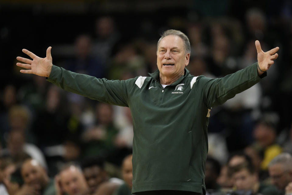 Michigan State head coach Tom Izzo reacts to a call against his team during overtime in an NCAA college basketball game against Iowa, Saturday, Feb. 25, 2023, in Iowa City, Iowa. Iowa won 112-106 in overtime. (AP Photo/Charlie Neibergall)