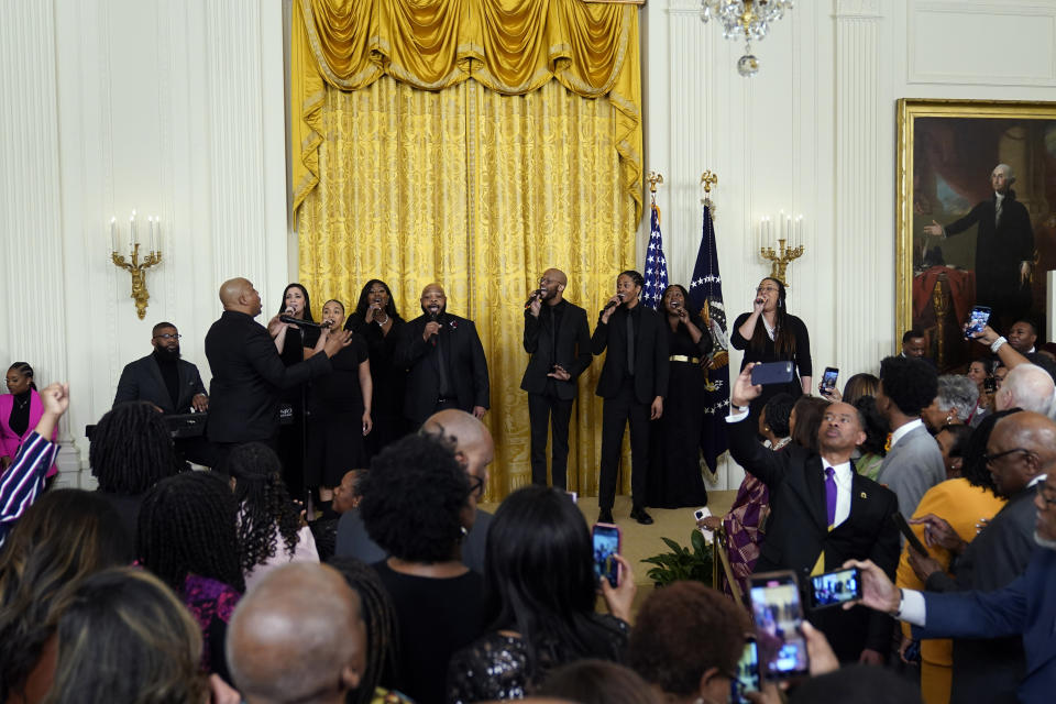 Anthony Brown and group therAPy perform "Lift Every Voice and Sing" during an event with President Joe Biden to celebrate Black History Month, Monday, Feb. 27, 2023, in the East Room of the White House in Washington. (AP Photo/Alex Brandon)